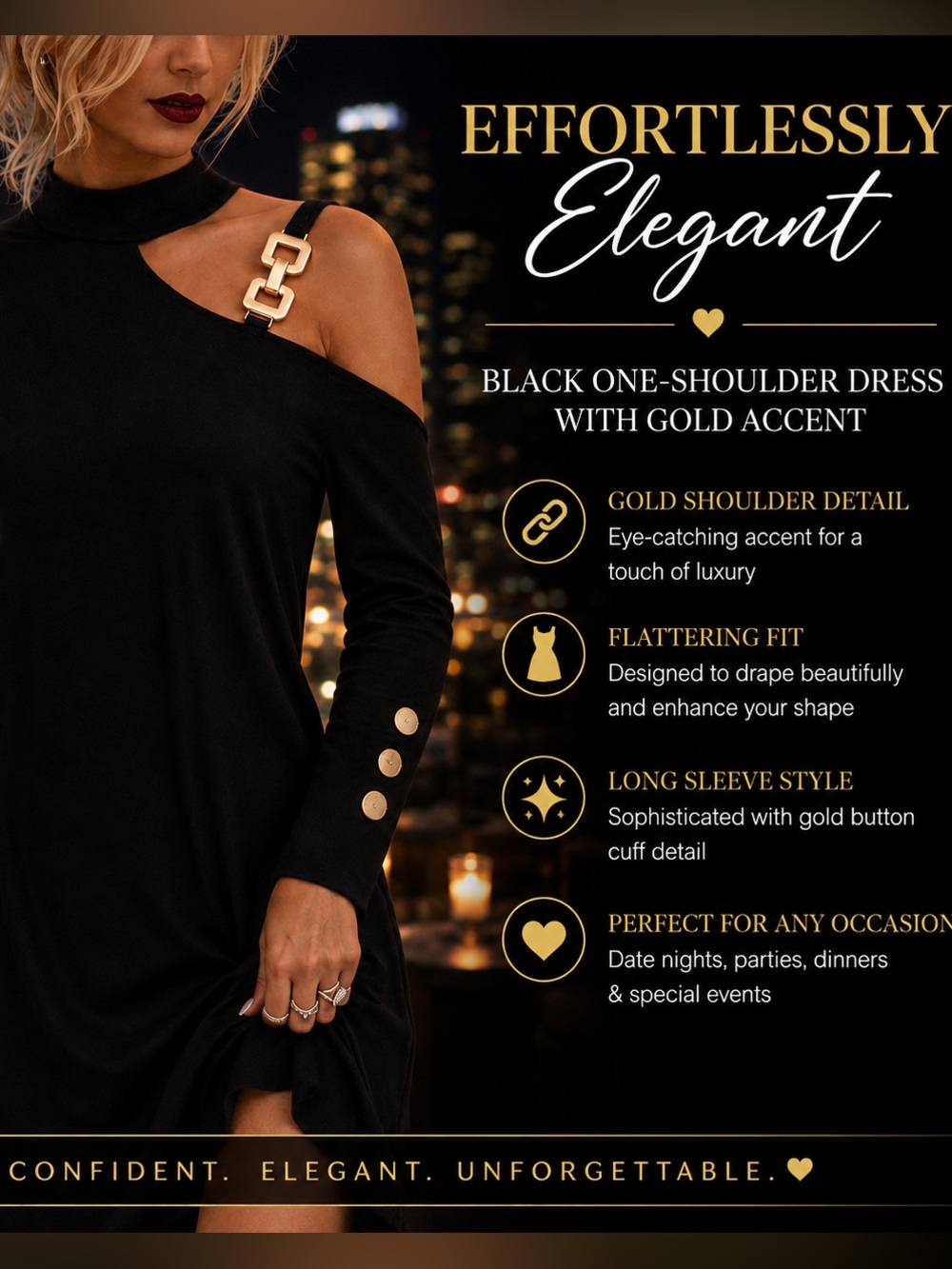 Black One-Shoulder Long Sleeve Dress with Gold Accent